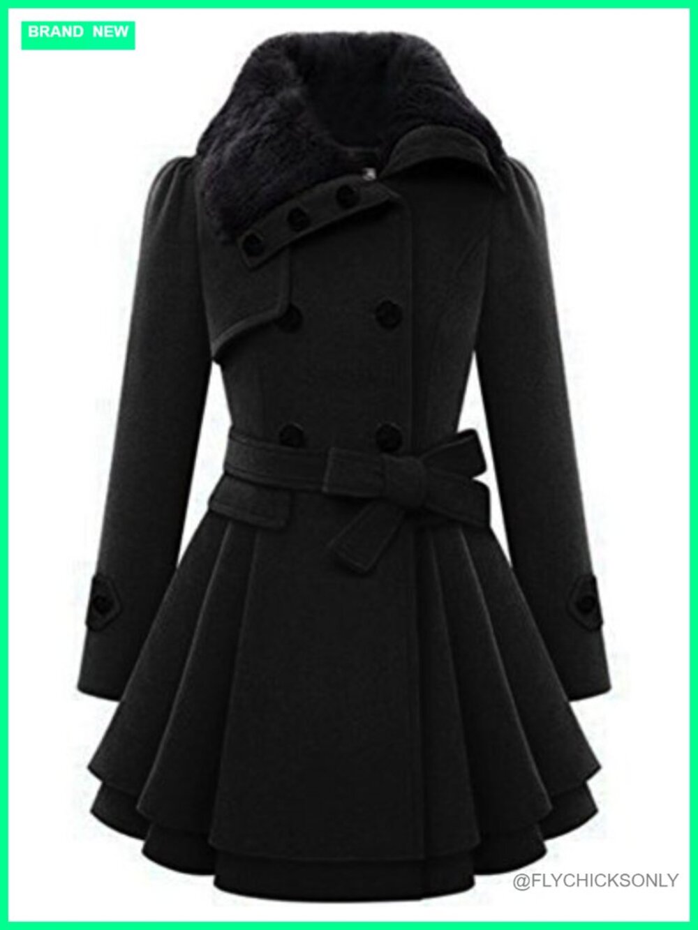 Faux Fur Lapel Double-Breasted Wool Trench Coat Winter Warm Pea Coat
